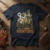 I'm Going Hunting t-shirt with stick figure aiming a rifle at ducks, surrounded by trees and camouflage pattern