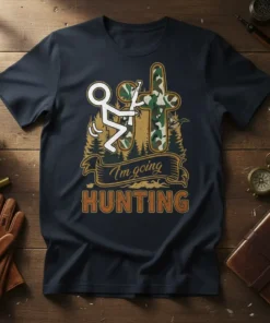 I'm Going Hunting t-shirt with stick figure aiming a rifle at ducks, surrounded by trees and camouflage pattern