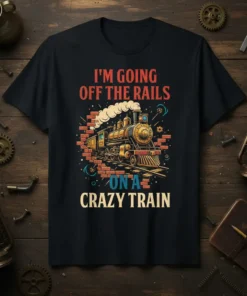 I'm Going Off The Rails On A Crazy Train quote with a vintage steam locomotive design on a black t-shirt