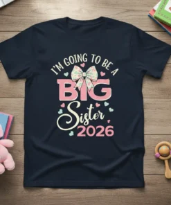 I'm Going To Be A Big Sister 2026 text with bow and hearts graphic on navy blue t-shirt