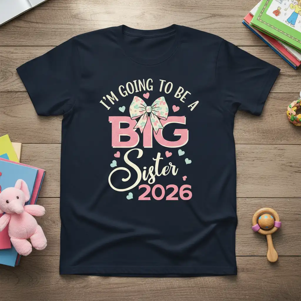 I'm Going To Be A Big Sister 2026 announcement t-shirt with cute bow graphic