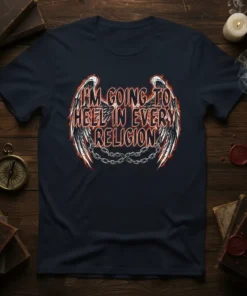 I'm Going To Hell In Every Religion text with wings and chains graphic on a navy t-shirt