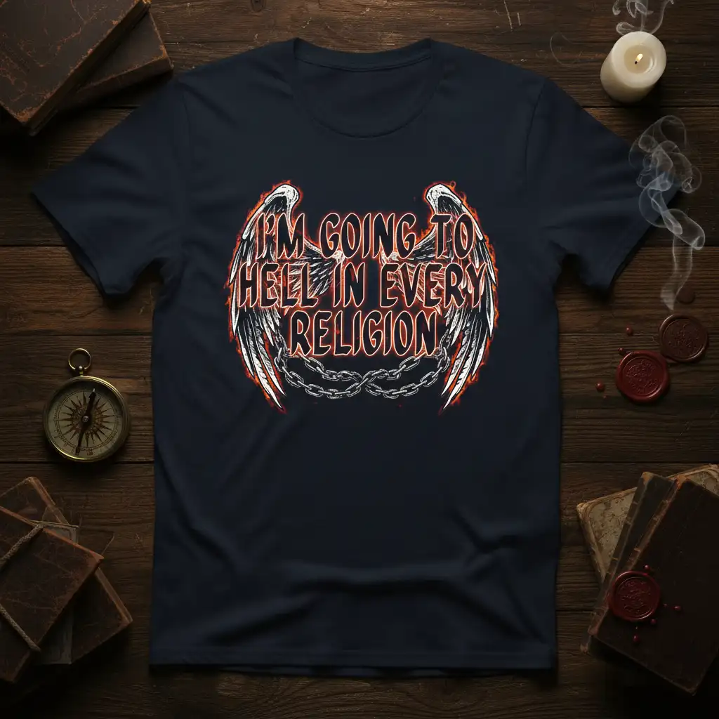 I'm Going To Hell In Every Religion quote with dramatic wings and chains graphic on a dark tee