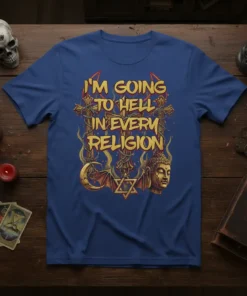 I'm Going to Hell In Every Religion text with religious symbols like a cross, Star of David, and Buddha's head