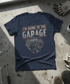Navy t-shirt with "I'm Going To The Garage" text above a detailed graphic of a V8 engine