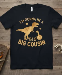 I'm Gonna Be A Big Big Cousin text with T-Rex and baby dinosaur graphic on a black t-shirt