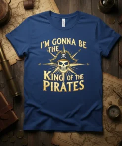 I'm Gonna Be The King Of The Pirates t-shirt design featuring a pirate skull with hat and compass rose graphic