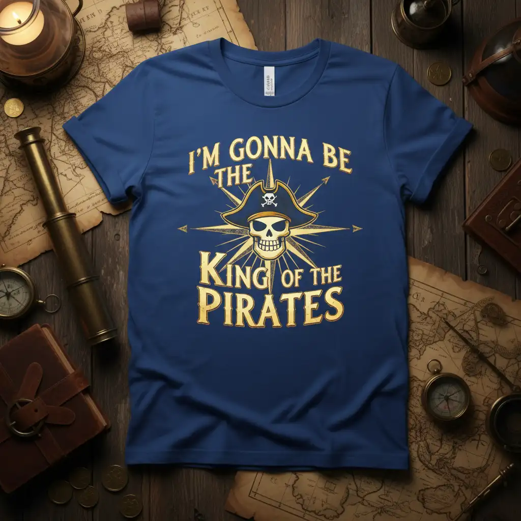 I'm Gonna Be The King Of The Pirates text with pirate skull and compass graphic on a blue tee