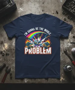 I'm Gonna Be The Whole Problem quote on a navy t-shirt with a cannabis leaf, rainbow, and flames graphic