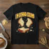 I'm Gonna Crumb funny bread pun t-shirt with a graphic of bread pieces breaking apart and a red bow