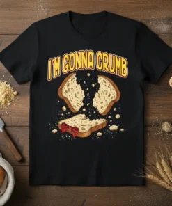 I'm Gonna Crumb funny bread pun t-shirt with a graphic of bread pieces breaking apart and a red bow