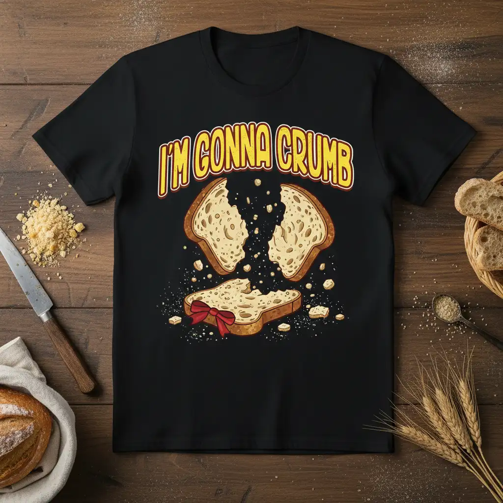 I'm Gonna Crumb funny bread pun graphic with bold yellow text and illustrated bread pieces