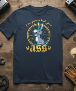 Donkey graphic with text "I'm gonna kick your ass" on a navy t-shirt, featuring a golden circular design and paw