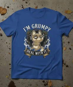 I'm Grumpy Deal With It text with a grumpy cat graphic on a blue t-shirt