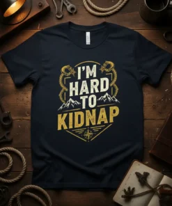 I'M HARD TO KIDNAP text design with mountains, compass, and dragon accents on a navy t-shirt