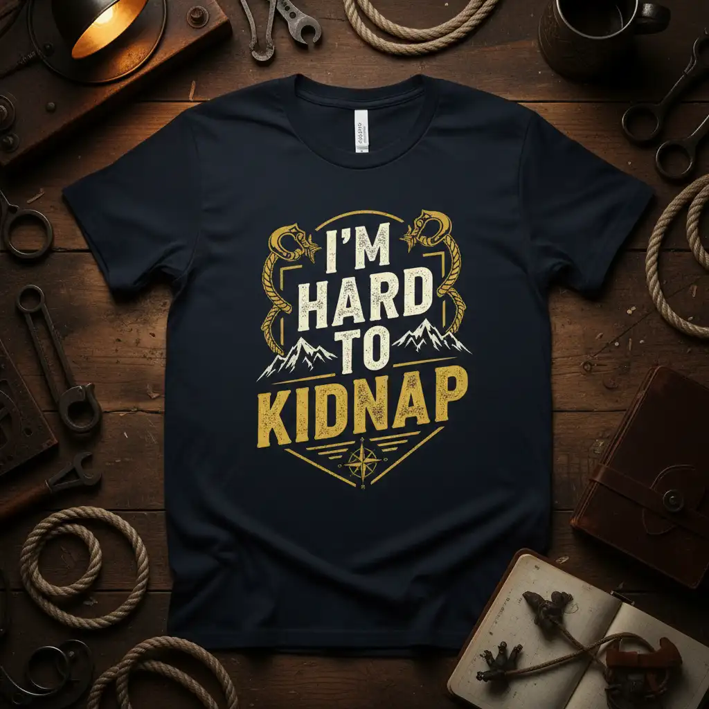 I'm Hard To Kidnap humorous quote design with dragon accents and mountain graphic