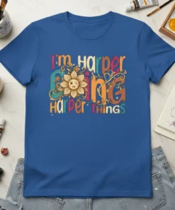 Retro graphic tee with colorful text "I'm Harper doing Harper things" and a smiling flower graphic