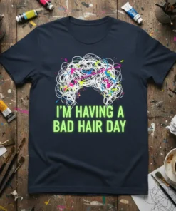 T-shirt with neon green text "I'M HAVING A BAD HAIR DAY" above a chaotic white scribble design with colorful paint