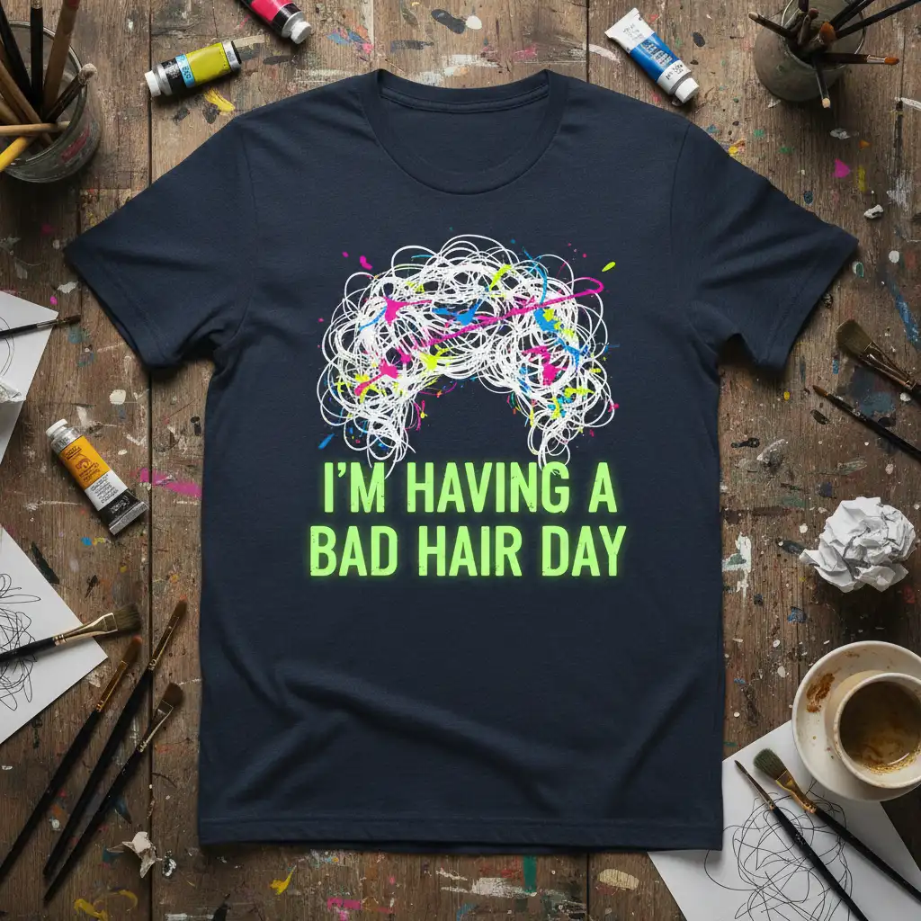 I'm Having A Bad Hair Day quote with messy scribble hair graphic on a navy t-shirt