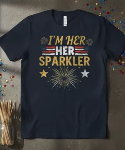 I'm Her Her Sparkler patriotic t-shirt with American flag stripes and fireworks graphic
