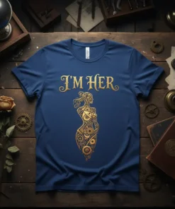 Golden 'I'm Her' text above a stylized female silhouette made of intricate gears and patterns on a navy blue t-shirt