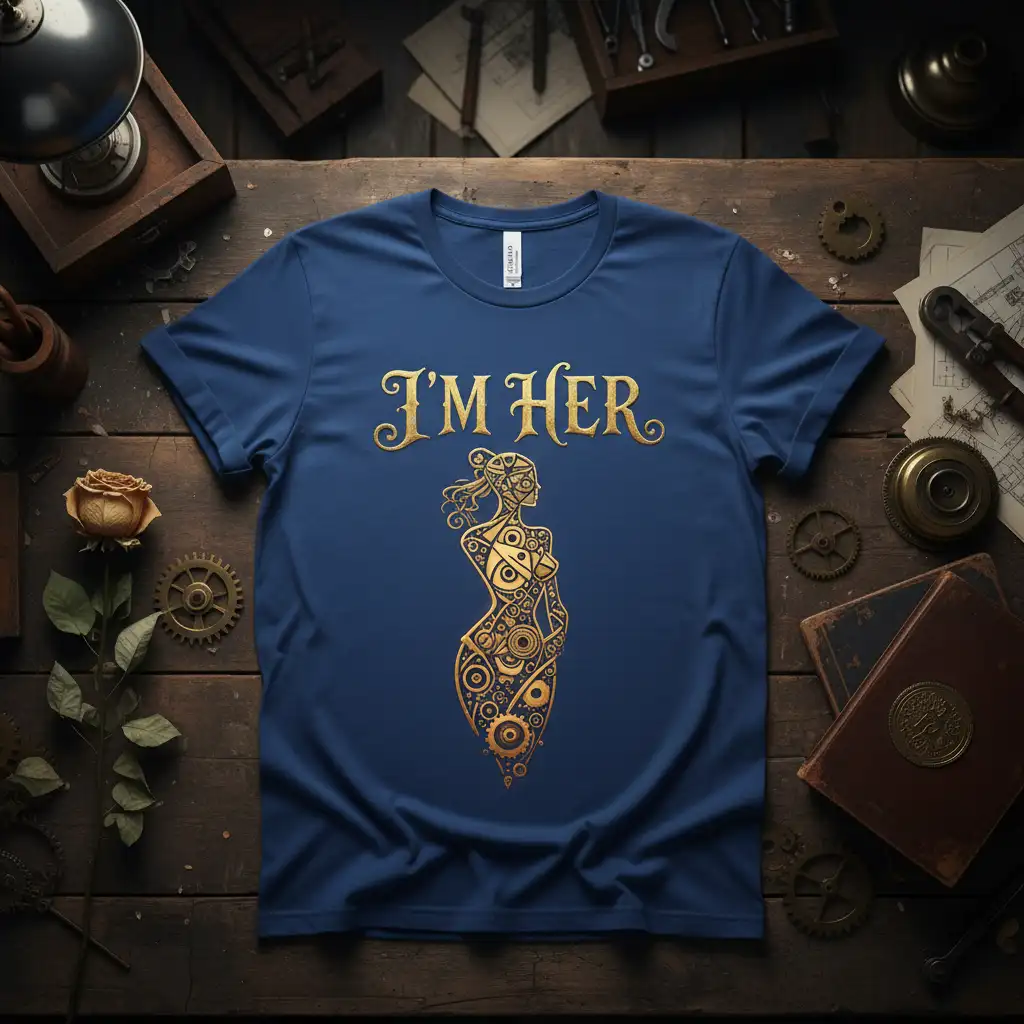 Golden 'I'm Her' text and intricate steampunk female silhouette design on a navy blue tee