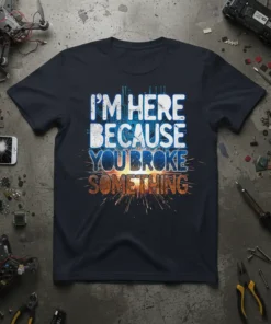 I'm Here Because You Broke Something tech humor t-shirt design with circuit board elements and sparks
