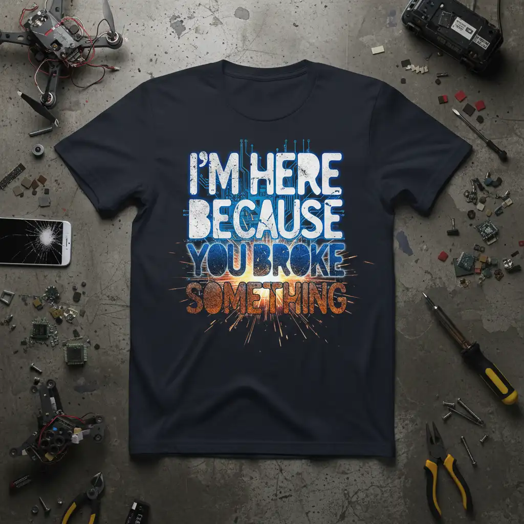 I'm Here Because You Broke Something quote t-shirt with blue and orange circuit board design and sparks