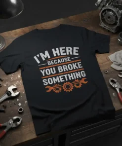 Black t-shirt with white and orange text that reads "I'm Here Because You Broke Something" and features wrench and gear