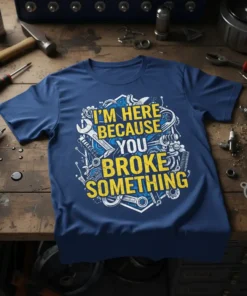 Blue t-shirt with yellow and white text "I'm Here Because You Broke Something" surrounded by mechanical tools and parts