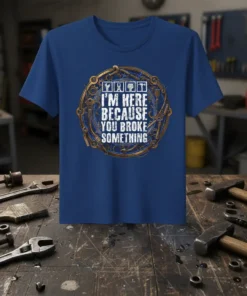 T-shirt with the quote "I'm Here Because You Broke Something" in distressed white text, surrounded by a circular design of