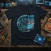 I'm Here Because You Broke Something quote on a dark t-shirt with a graphic of a person in VR gear