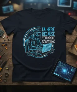 I'm Here Because You Broke Something quote on a dark t-shirt with a graphic of a person in VR gear