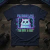 I'm Here Live I'm Not A Cat text with a fluffy white cat graphic in a neon frame on a