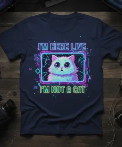 I'm Here Live I'm Not A Cat text with a fluffy white cat graphic in a neon frame on a