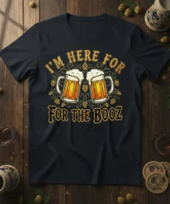 I'm Here For For The Booz text design with two frothy beer mugs and hop accents on a dark t-shirt