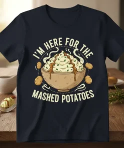 I'm Here For The Mashed Potatoes text on a navy t-shirt with a graphic of a bowl of mashed potatoes