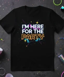I'm Here For The Party text graphic with neon-style lettering and colorful soundwave design on a black t-shirt