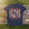 Retro style t-shirt design with bold text "I'M HERE FOR THE SNACKS & FREEDOM" in red, white, and blue, featuring
