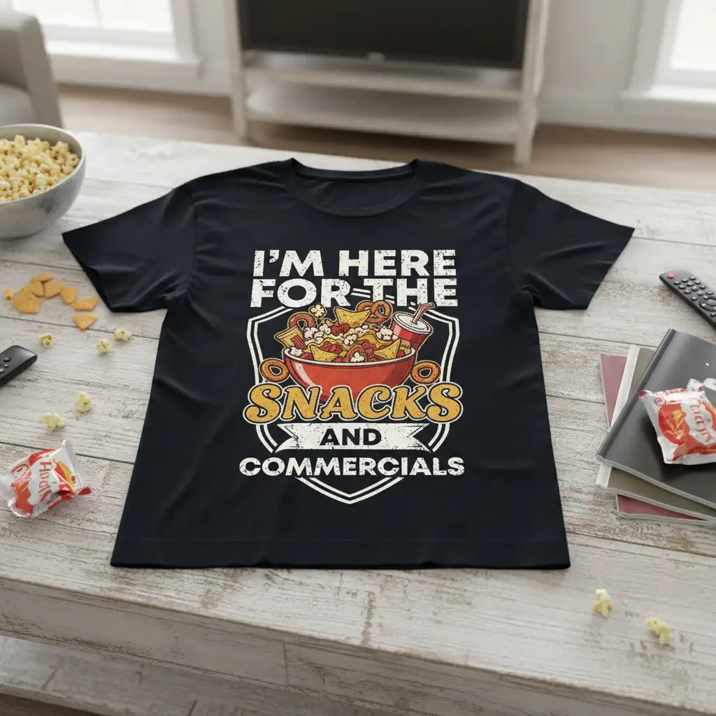 I'm Here For The Snacks And Commercials quote tee with snack bowl graphic