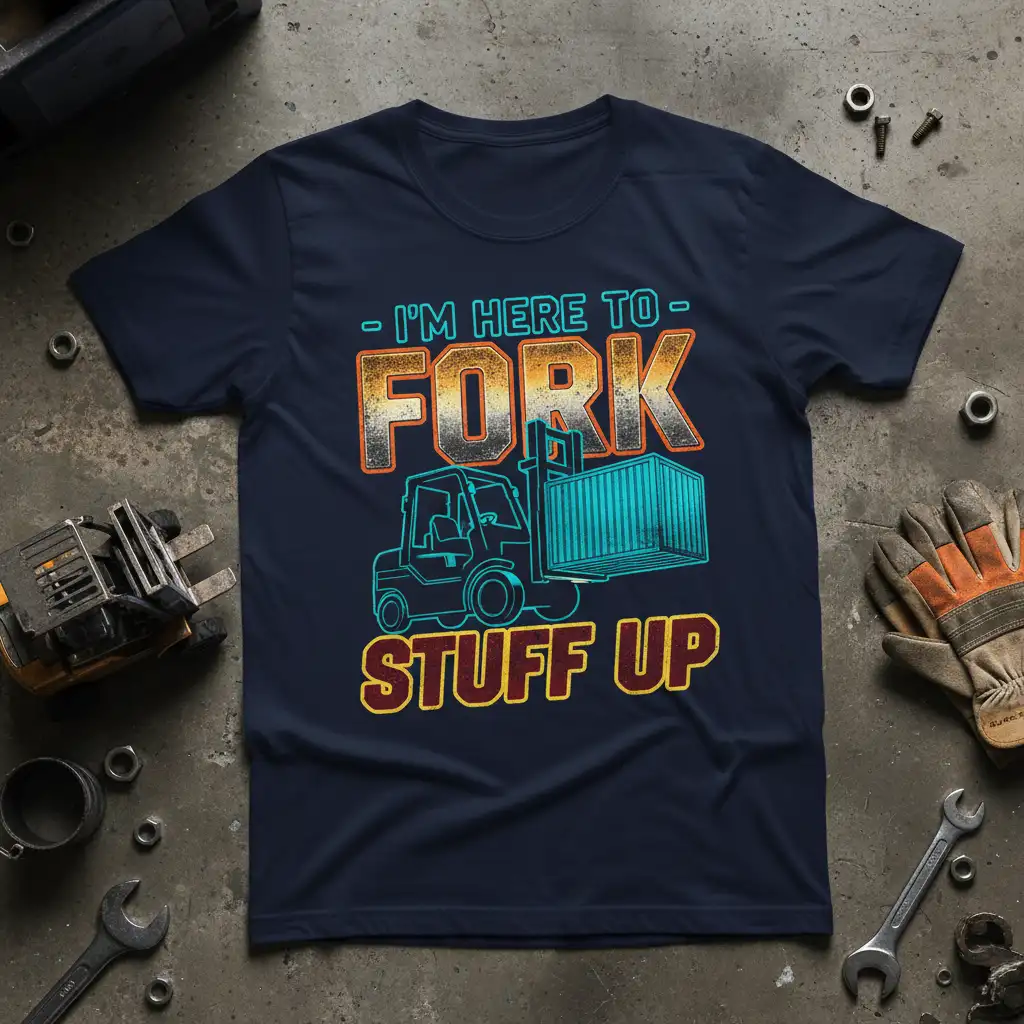 I'm Here to Fork Stuff Up humorous quote and forklift graphic design on a dark t-shirt