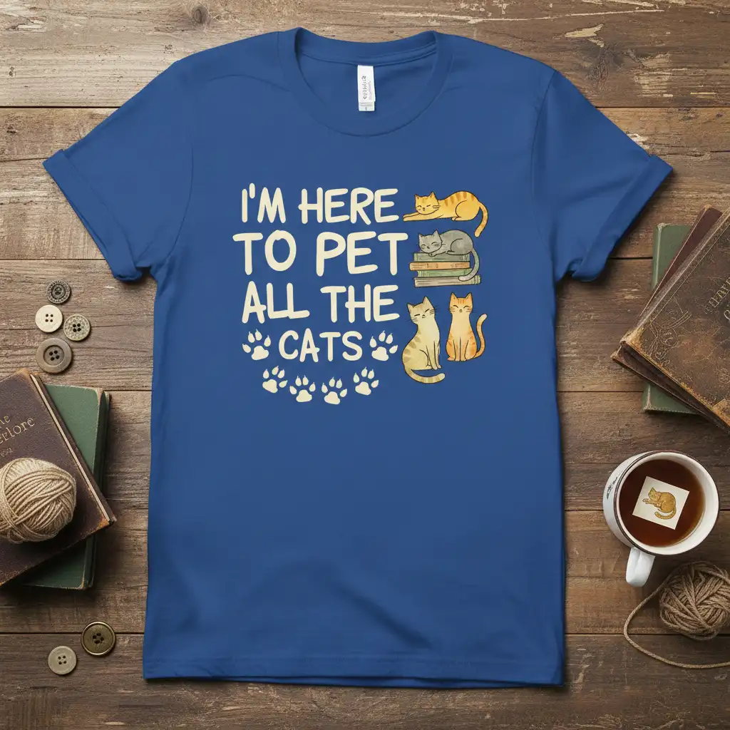 I'm Here To Pet All The Cats quote with cute cat graphics and paw prints on a royal blue t-shirt