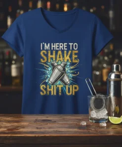 T-shirt with the quote "I'm Here To Shake Shit Up" and crossed cocktail shakers graphic in gold and blue