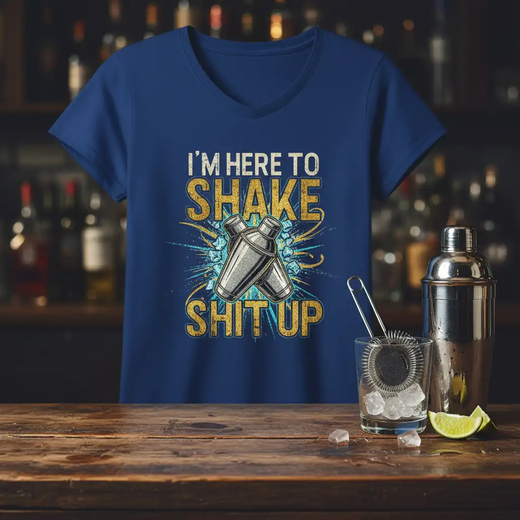 I'm Here To Shake Shit Up quote with crossed cocktail shakers design on a blue t-shirt