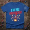 I'm His Firecracker text with a firecracker and fireworks graphic on a blue t-shirt, perfect for Fourth of July celebrations