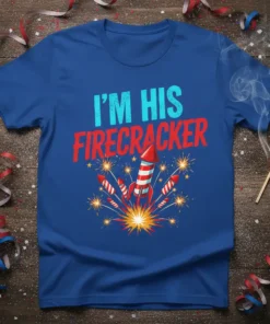 I'm His Firecracker text with a firecracker and fireworks graphic on a blue t-shirt, perfect for Fourth of July celebrations
