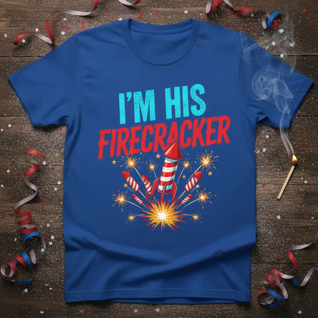 I'm His Firecracker text with a stylized firecracker and colorful fireworks explosion graphic on a blue t-shirt