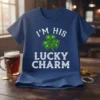 I'm His Lucky Charm text with a green shamrock graphic on a navy blue t-shirt design