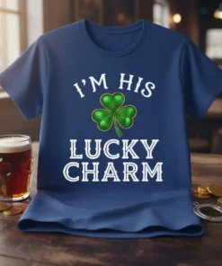 I'm His Lucky Charm text with a green shamrock graphic on a navy blue t-shirt design