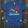 I'm His Sparkler t-shirt with a firework rocket design, red, white, and blue patriotic theme